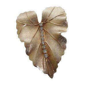 Leaf Brooch Pin Gold Tone Rhinestones - Vintage Costume Jewelry - Gift Boxed